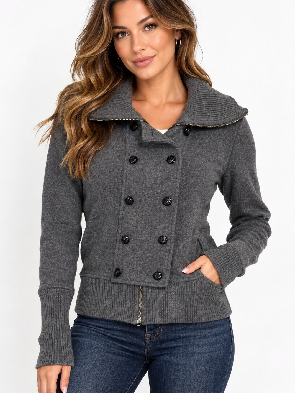 Banana Republic Anne Jacket Women M Gray Double Breasted Sweater Peacoat 2009